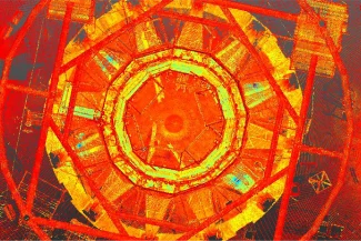 Una colorida y abstracta vista desde arriba de una estructura circular inspirada en el NAICM, con patrones geométricos en brillantes tonos naranja, amarillo y rojo, que se asemejan a un escaneo digital