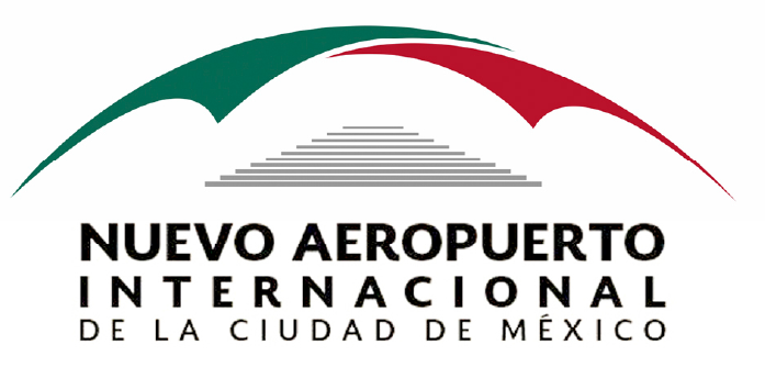 Logotipo del Nuevo Aeropuerto Internacional de la Ciudad de México (NAICM), con arcos verdes y rojos sobre escalones estilizados, y el nombre en negrita y negro debajo, en alusión a su ubicación en Texcoco.