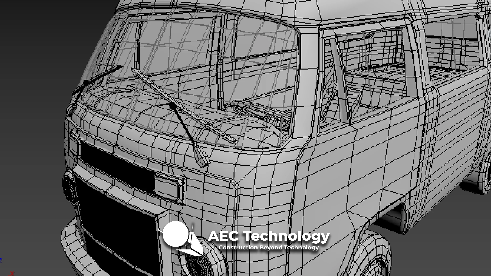 Se muestra un modelo digital en 3D de una furgoneta Kombi, centrado en el frontal y el lateral. El logotipo de AEC Technology y el eslogan Construction Beyond Technology aparecen en la parte inferior central, destacando las posibilidades de Modificación Estructural.