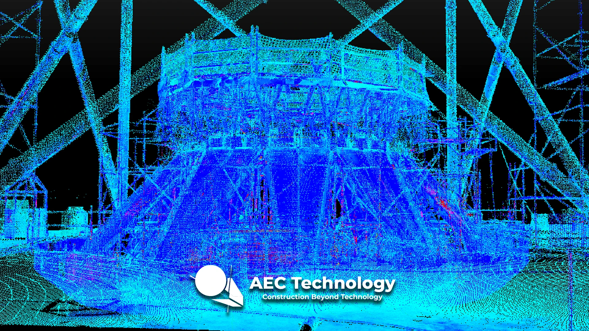 Nube de puntos en 3D de la estructura de la obra de Texcoco, en tonos azules y verdes, con el logotipo de AEC Technology