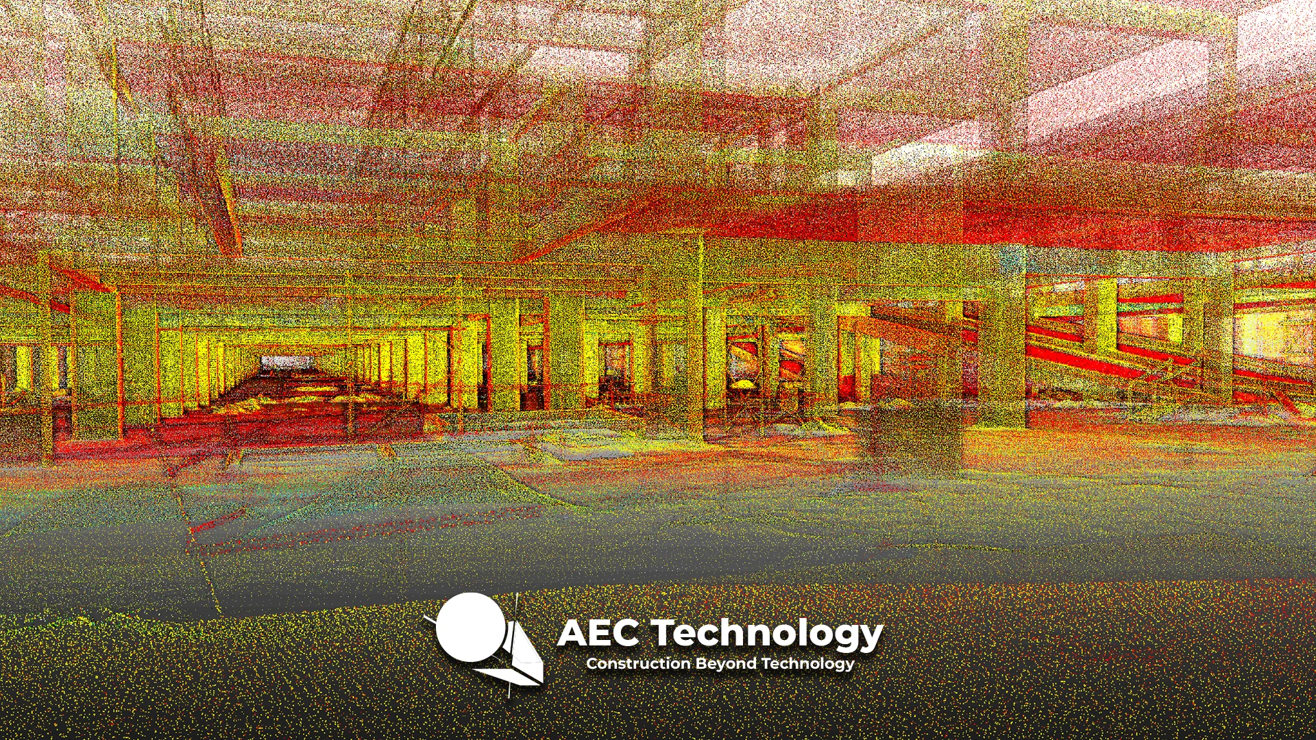 Nube de puntos escaneada en 3D del interior del Centro Comercial Punto Sur muestra vigas estructurales y espacios abiertos, con el logotipo de AEC Technology