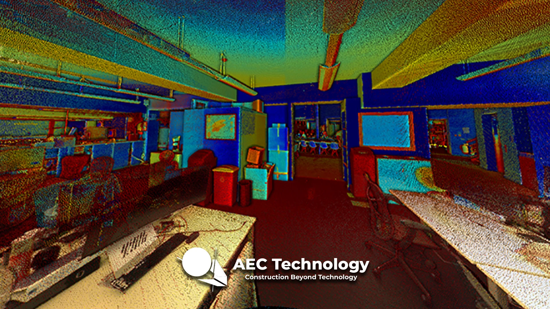 Nube de puntos 3D coloreada de una oficina con mesas, ordenadores y sillas en el edificio Grimshaw. La imagen muestra el logotipo de AEC Technology en la parte inferior central.
