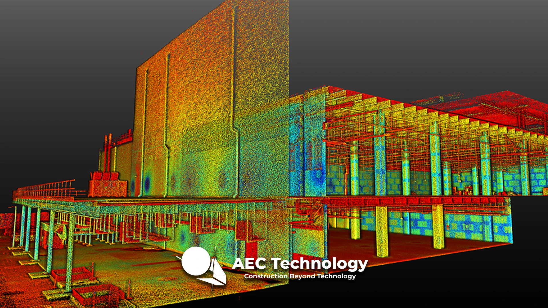 Nube de puntos escaneada en 3D de la estructura de un edificio, que muestra columnas y vigas detalladas, con el logotipo de AEC Technology en la parte inferior.