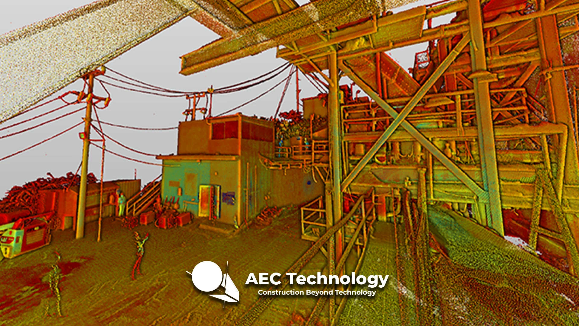 Nube de puntos escaneada en 3D de Mina DIABRAS, una obra de construcción industrial con varias estructuras y líneas eléctricas, con el logotipo de AEC Technology en la parte inferior.