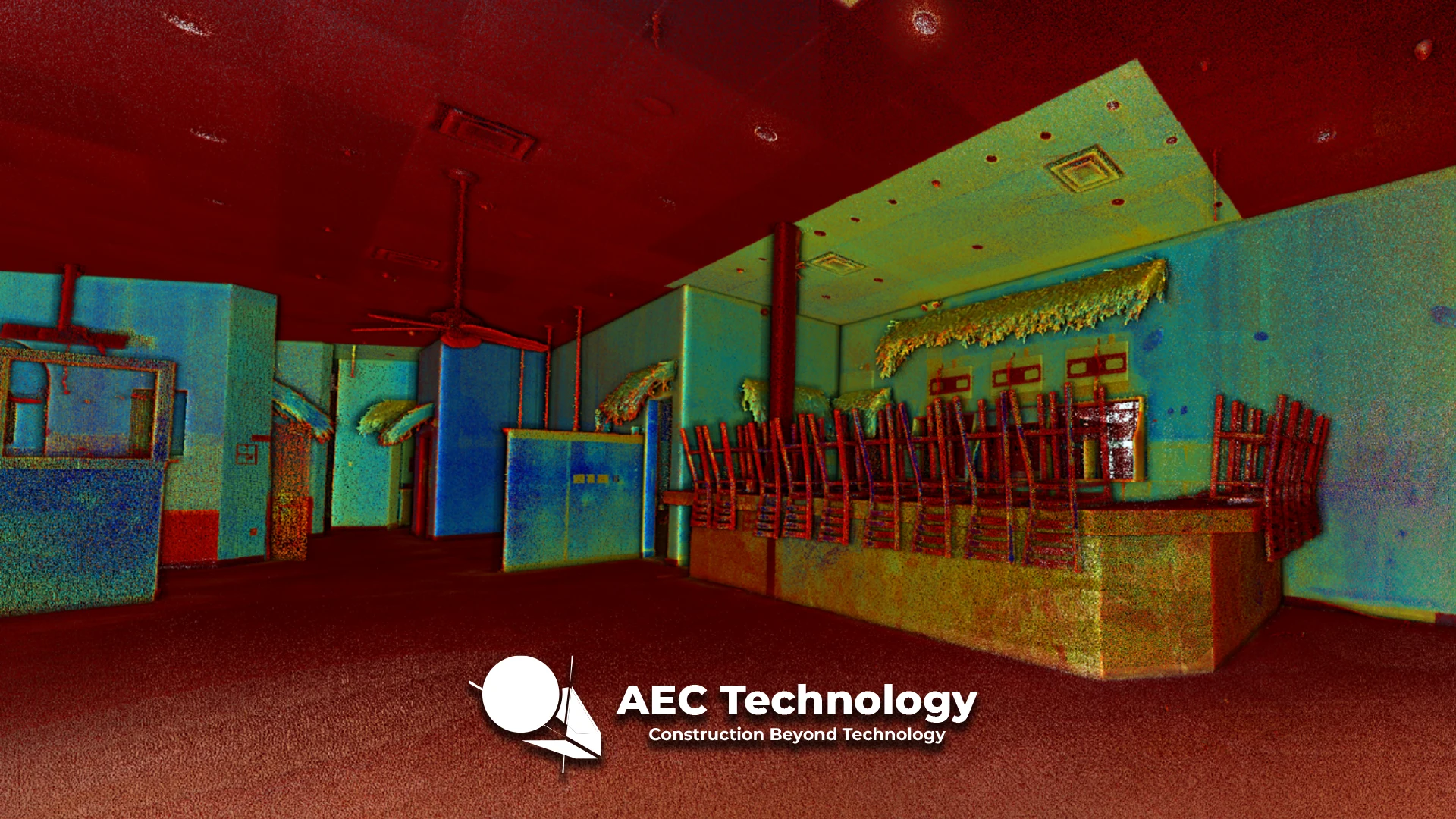 Nube de puntos 3D coloreada digitalmente del interior vacío del Restaurante Allure, con sillas apiladas sobre mesas y ventiladores de techo, que muestra el logotipo y el texto de AEC Technology en la parte inferior.