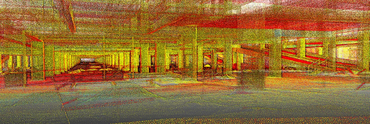 Nubes de puntos en 3D del interior del Centro Comercial Punto Sur, con columnas, escombros dispersos e iluminación brillante, resalta los detalles estructurales en tonos rojos, amarillos y verdes.