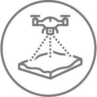 Un icono de un dron con contorno gris sobrevolando la tierra, con líneas punteadas que lo conectan al suelo, lo que sugiere que se trata de una topografía