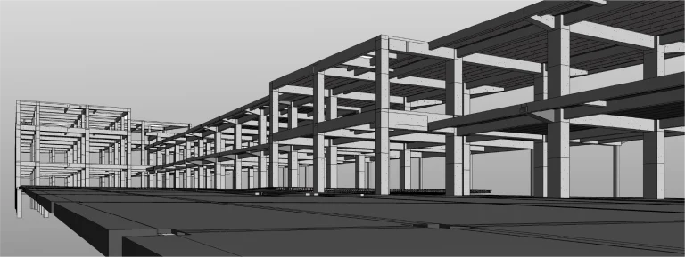 Un renderizado arquitectónico 3D en escala de grises muestra el entramado estructural del Centro Comercial Punto Sur, con vigas vistas, pilares y forjados dispuestos con precisión en forma de cuadrícula