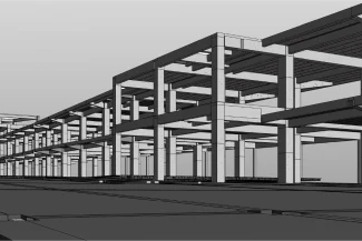 Un renderizado arquitectónico 3D en escala de grises muestra el armazón estructural del Centro Comercial Punto Sur, con pilares, vigas y forjados de hormigón en un estado parcialmente terminado.
