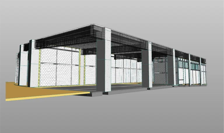 Modelo 3D de una estructura de edificio industrial rectangular, inspirado en el Centro Comercial Punto Sur, con columnas de hormigón visibles, vigas y paredes de ladrillo sin terminar en una vista de corte parcial con detalles de alambre y una planta abierta