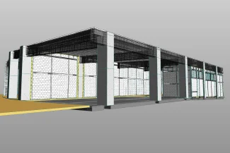 Un modelo digital en 3D de la estructura del edificio del Centro Comercial Punto Sur, con columnas y vigas visibles y paredes parcialmente transparentes para revelar detalles interiores y elementos de construcción sobre un fondo gris liso.