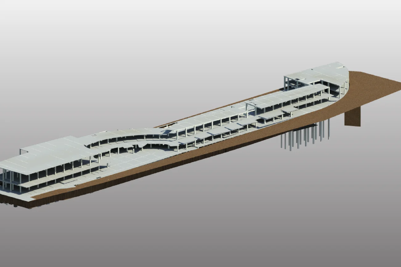 Modelo digital en 3D de un edificio alargado de varios niveles con estructura curvada, lados abiertos y columnas de soporte expuestas sobre una base marrón, inspirado en el estilo arquitectónico del Centro Comercial Punto Sur.