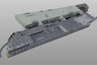 Modelo 3D de un aparcamiento con múltiples niveles y rampas, conectado a la estructura del edificio Centro Comercial Punto Sur en el fondo, visualizado sobre una superficie gris.