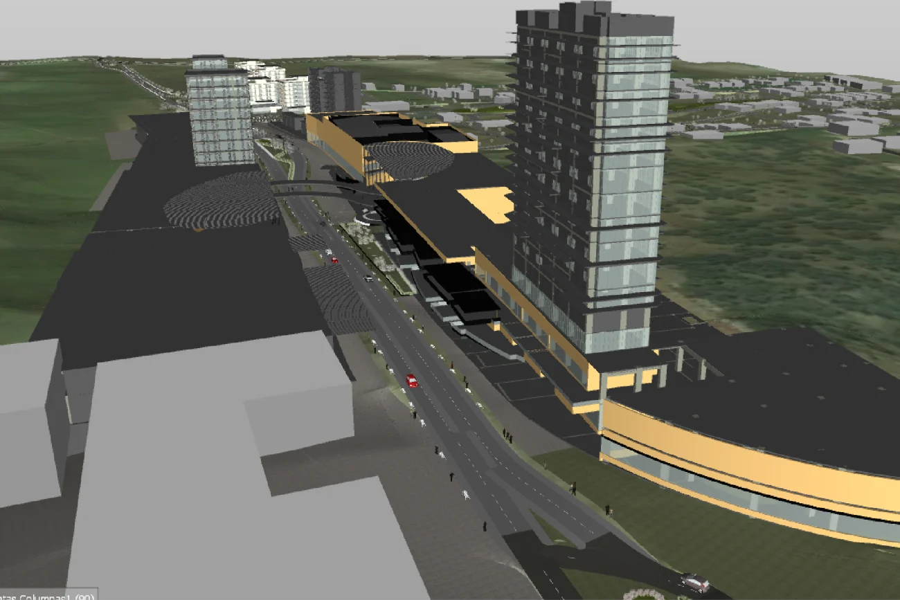 Vista renderizada en 3D de una urbanización moderna con edificios altos, una carretera principal que atraviesa Punto Sur y zonas verdes circundantes, estructuras residenciales y un bullicioso Centro Comercial.