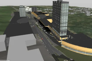 Vista renderizada en 3D de una urbanización moderna con edificios altos, una carretera principal que atraviesa Punto Sur y zonas verdes circundantes, estructuras residenciales y un bullicioso Centro Comercial.