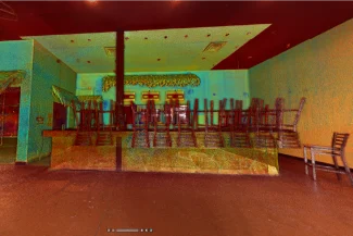 The Allure Restaurant point cloud shows an empty restaurant with chairs stacked on tables, a single chair on the floor, and tropical decor lining the wall behind the bar area.