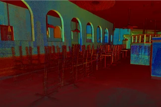 Dim interior of Allure Restaurant, with upside-down chairs on tables, arched mirrors on the left wall, and ceiling fans. The scene features a red and blue color filter effect.