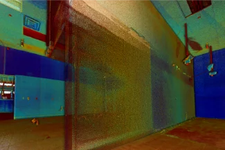 A color 3D point cloud scan of an empty room with blue walls, exposed pipes, electrical outlets, and trash on the floor; the view extends to an adjacent windowed space, possibly part of Allure Restaurant.