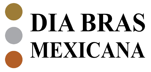 Logotipo con tres círculos de colores (oro, plata, cobre) alineados verticalmente a la izquierda del texto DIABRAS MEXICANA en letras mayúsculas en color negro sobre fondo transparente, representando los recursos de Mina.