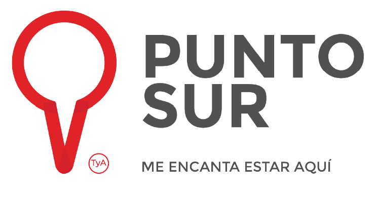 Logotipo con un icono de alfiler de mapa rojo junto a un texto gris en negrita que dice Centro Comercial Punto Sur. Debajo, en texto más pequeño, dice Me encanta estar aquí. También hay una pequeña TM dentro de un círculo rojo.