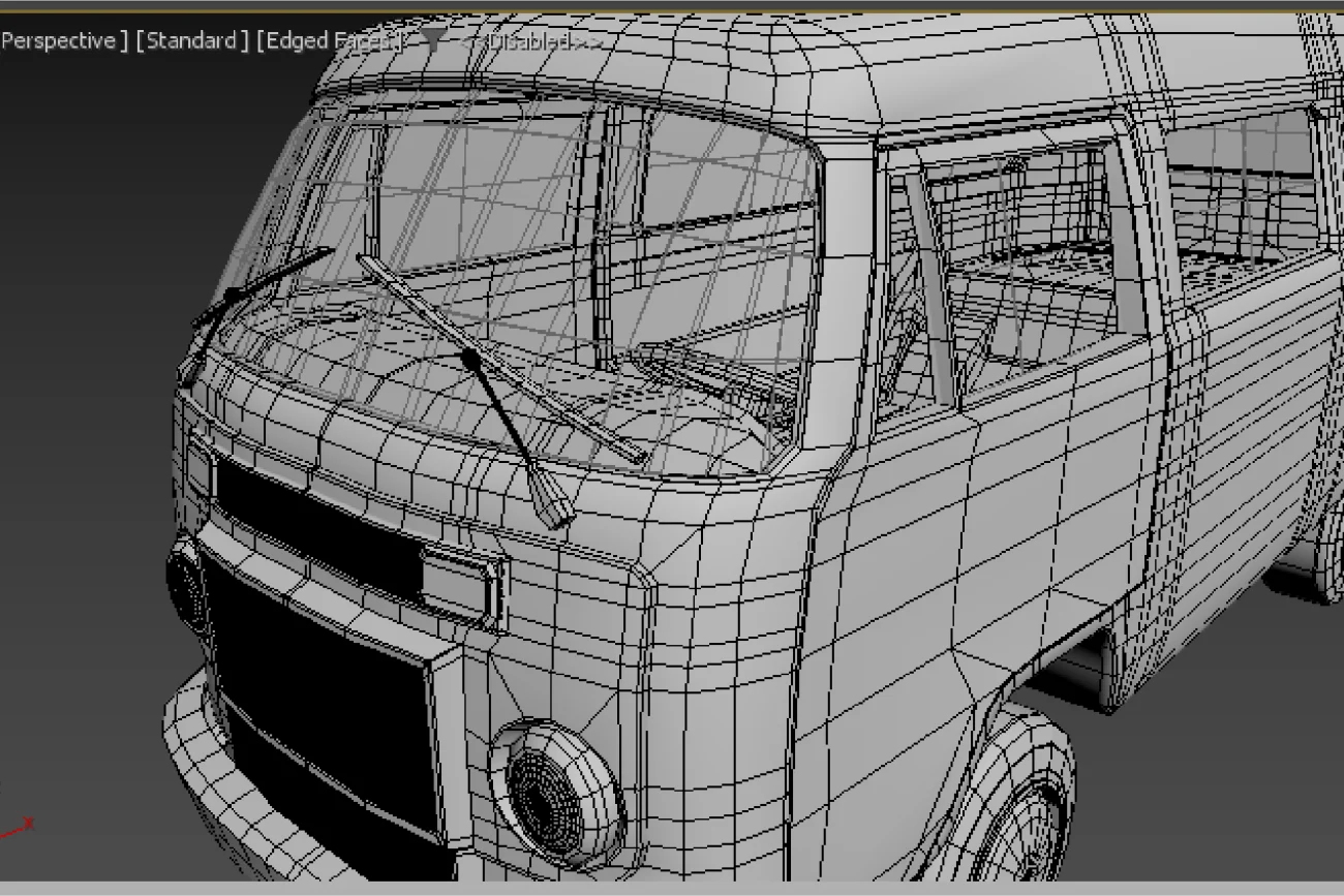 Modelo 3D de una furgoneta clásica con detalles visibles de modificación estructural Kombi, vista desde el ángulo frontal izquierdo, destacando las líneas geométricas y la estructura de malla en una interfaz de software de modelado.