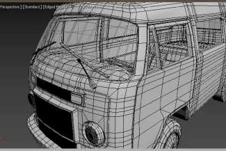 Modelo 3D de una furgoneta clásica con detalles visibles de modificación estructural Kombi, vista desde el ángulo frontal izquierdo, destacando las líneas geométricas y la estructura de malla en una interfaz de software de modelado.