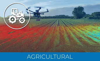 A drone flies over a colorful, digitally mapped agricultural field, enhanced by laser scanner for construction technology, with a tractor icon overlay in the corner. The word AGRICULTURAL appears at the bottom, highlighting modern farming innovation.