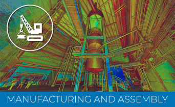 Industrial facility interior with large metal equipment and structural beams; an icon of a crane and a robotic arm is in the upper left. Text below reads, Manufacturing and Assembly. Includes Laser Scanner for Construction for precise measurements.
