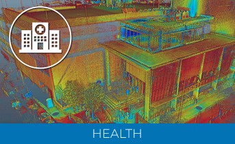 A digitally stylized image of a medical building icon overlaid on an aerial view of a modern facility, captured with Laser Scanner for Construction, with HEALTH written in bold white letters on a blue banner at the bottom.