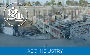 A multi-story construction site with scaffolding and equipment, overlaid by a gear, blueprint icon, and a Laser Scanner for Construction. The text at the bottom reads AEC INDUSTRY.