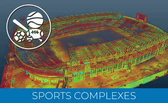 A stylized, colorful aerial view of a large sports stadium features a blue banner reading SPORTS COMPLEXES and a circular sports icon with balls and equipment in the top left—perfect for showcasing Laser Scanner for Construction technology.