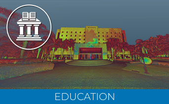 A digitally enhanced image of a large academic building with palm trees in front, featuring a Laser Scanner for Construction, an icon of a classical building with books, and the word EDUCATION on a blue banner at the bottom.
