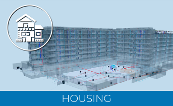 A digital rendering of a large apartment building with transparent walls, revealing interior infrastructure as captured by a Laser Scanner for Construction. A circular housing icon is on the top left, and HOUSING appears in a blue bar at the bottom.