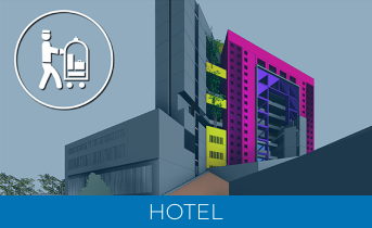Illustration of a modern hotel building with colorful accents and greenery. An icon in the top left shows a hotel staff member pushing a luggage cart, highlighting innovative amenities like Laser Scanner for Construction. HOTEL appears at the bottom on a blue banner.