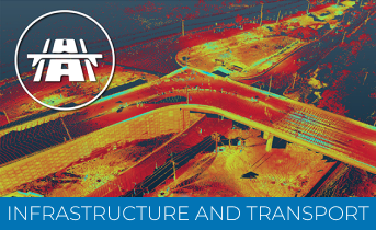 A stylized aerial image of a highway interchange in vivid colors, featuring a white Laser Scanner for Construction icon in the corner and text reading Infrastructure and Transport at the bottom.