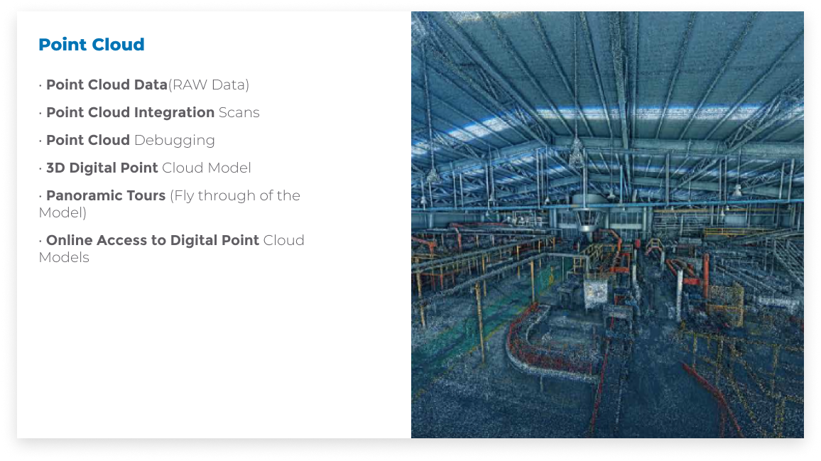 A slide about Point Cloud featuring a list of services on the left, such as integration scans, 3D models, and panoramic tours using a Laser Scanner for Construction. On the right, an industrial facility appears in blue-toned point cloud digital data.