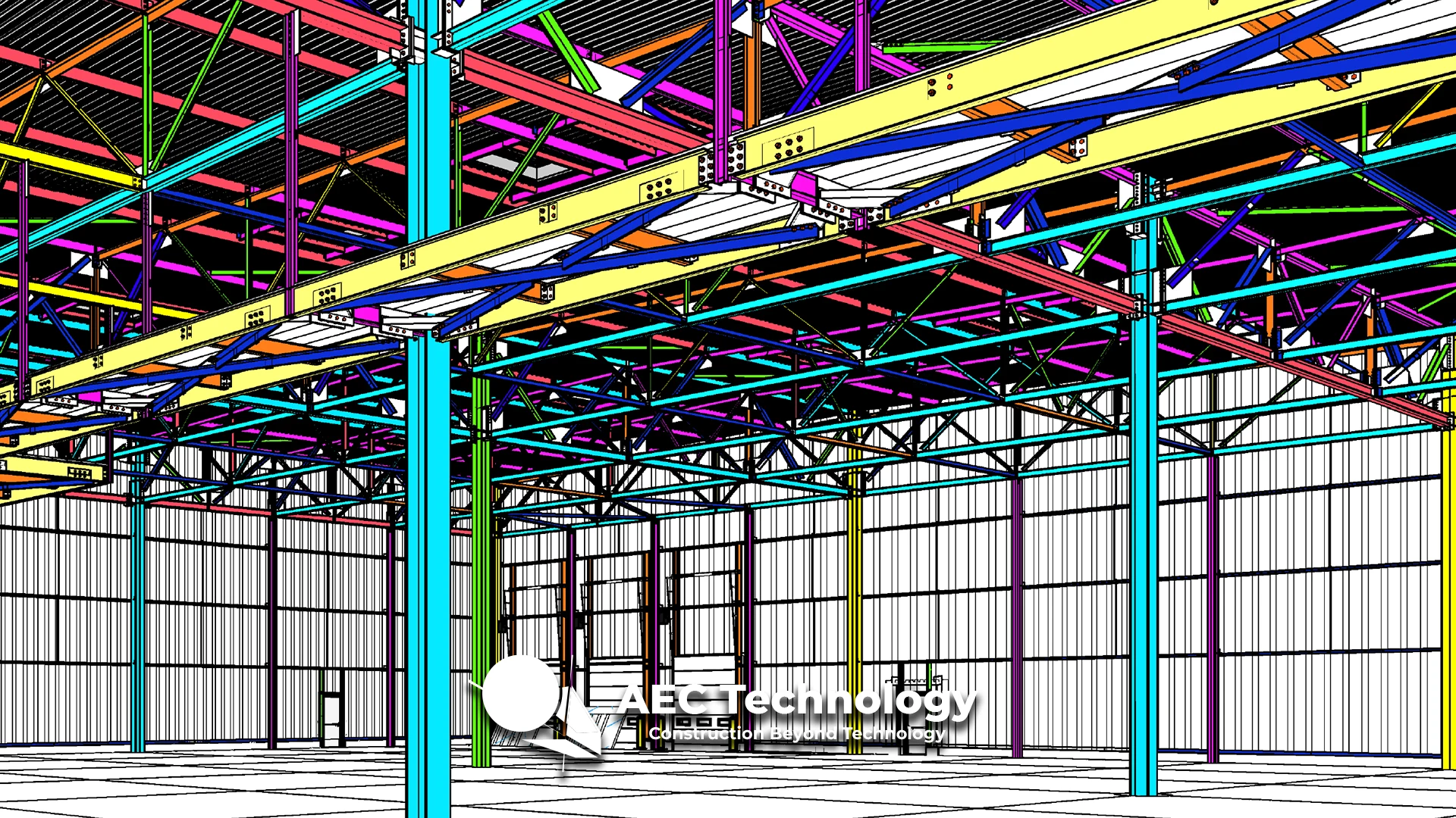 Modelo en 3D de la estructura de acero de un edificio, con vigas, columnas y cerchas, se muestra en el interior de un gran almacén de Planta Industrial BMW. La imagen muestra el logotipo de AE&T Technology en la parte inferior.
