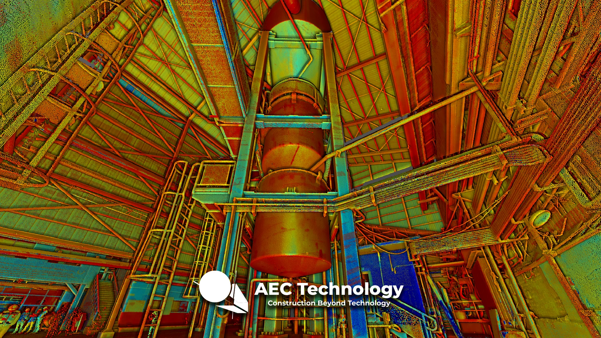 Escaneado láser 3D en color del interior de las instalaciones industriales del Ingenio Azucarero Tamazula, que muestra vigas estructurales, tuberías y grandes depósitos cilíndricos. La imagen tiene el logotipo y el eslogan de AEC Technology en la parte inferior central.