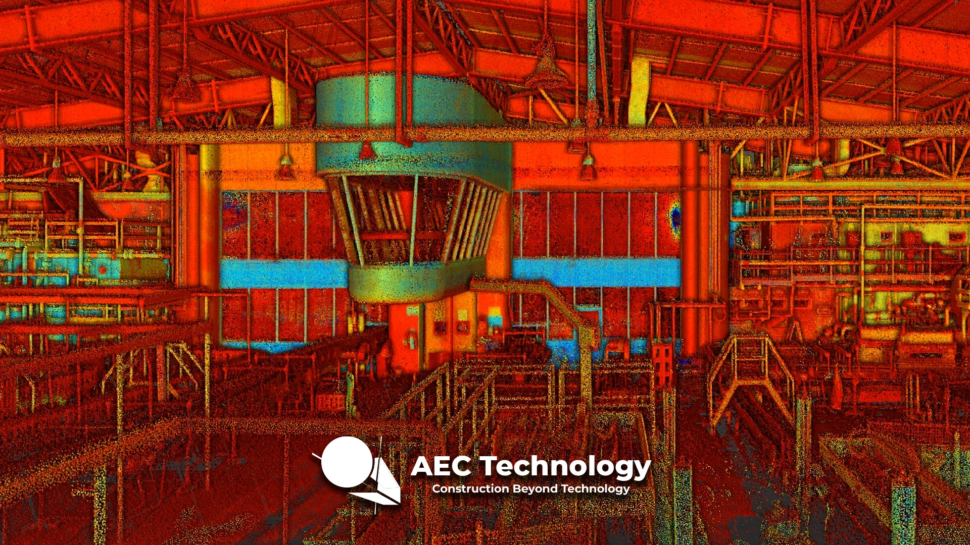 Nube de puntos escaneada en 3D del interior de una planta industrial de Coca Cola, con una sala de control central con grandes ventanales, estructuras metálicas y maquinaria. El logotipo y el eslogan de AEC Technology aparecen en la parte inferior central.