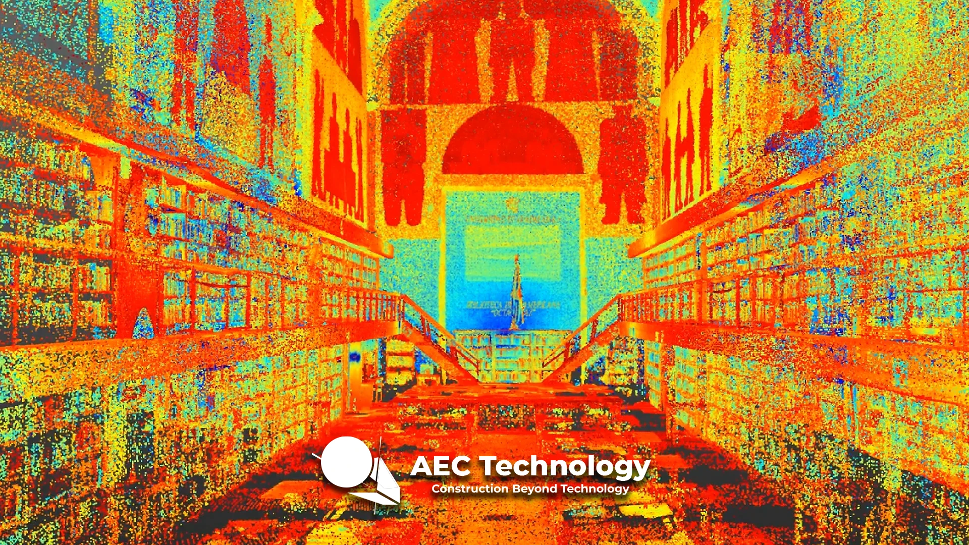 Nube de puntos 3D del ornamentado interior de la Biblioteca Iberoamericana, con arcos y escaleras, superpuesta con el logotipo de AEC Technology y el texto Construction Beyond Technology en la parte inferior central.