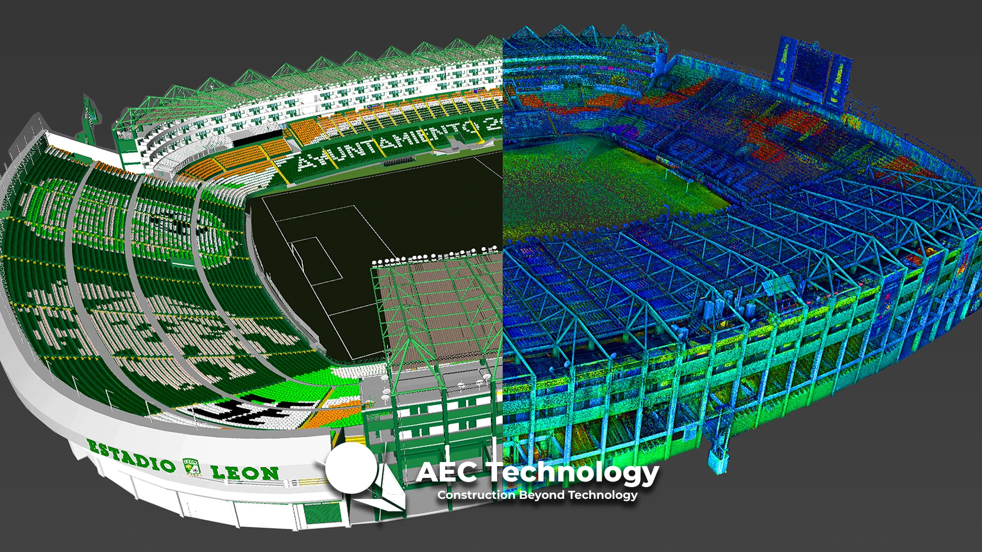Un renderizado digital del Estadio Nou Camp León se divide por la mitad, mostrando un modelo 3D detallado a la izquierda y un escaneado de nube de puntos codificado por colores a la derecha, con el logotipo de AEC Technology en la parte inferior.