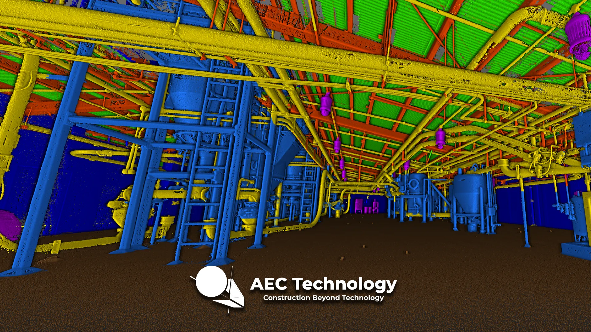 nube de puntos escaneada en 3D del interior de Mondeléz Planta Industrial con tuberías, tanques y elementos estructurales visibles. El logotipo de AEC Technology y "Construction Beyond Technology" aparecen en la parte inferior.