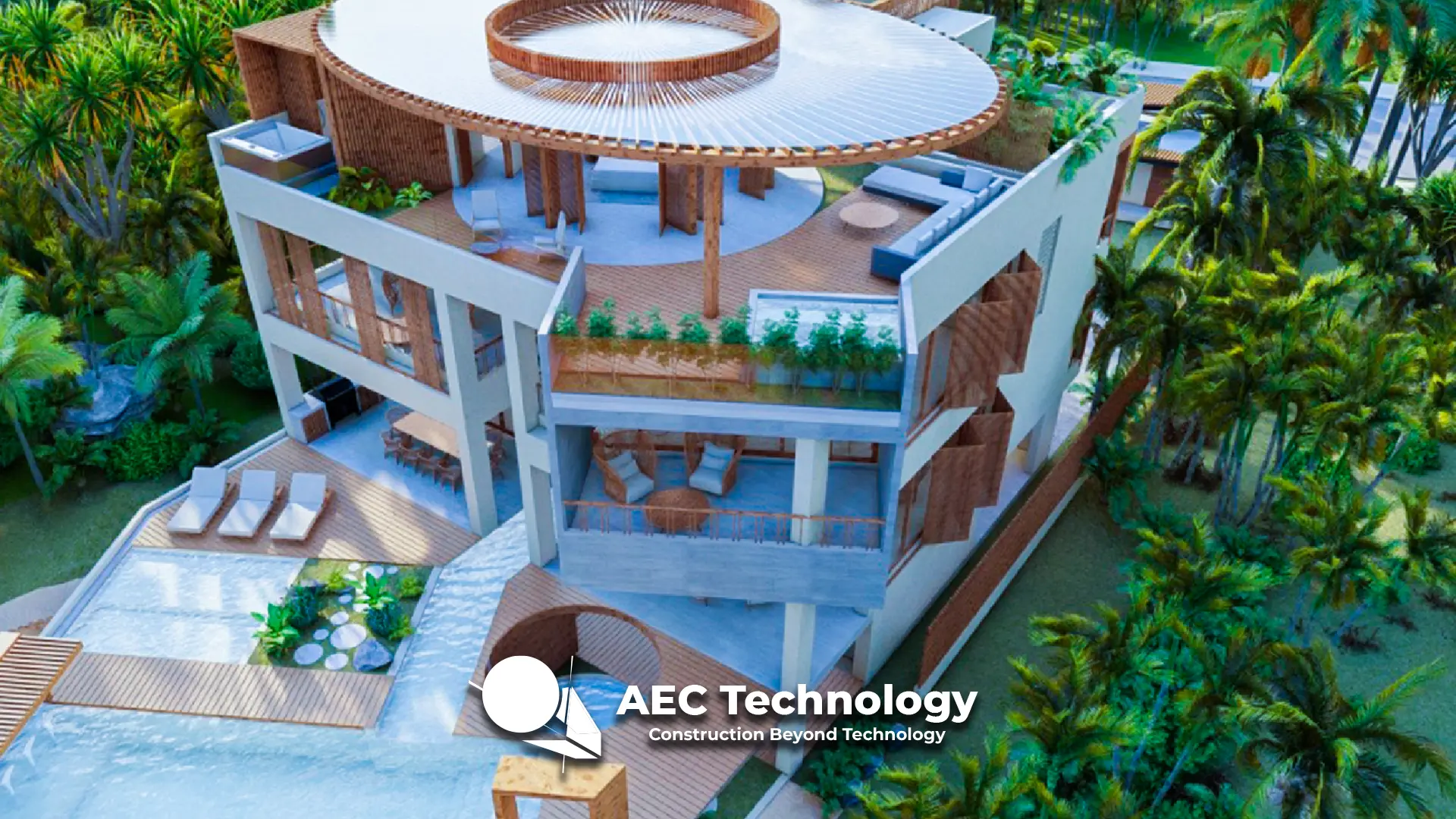 Una moderna villa de varios niveles con terrazas abiertas, una estructura circular en la azotea, exuberante vegetación y una piscina rodeada de palmeras.