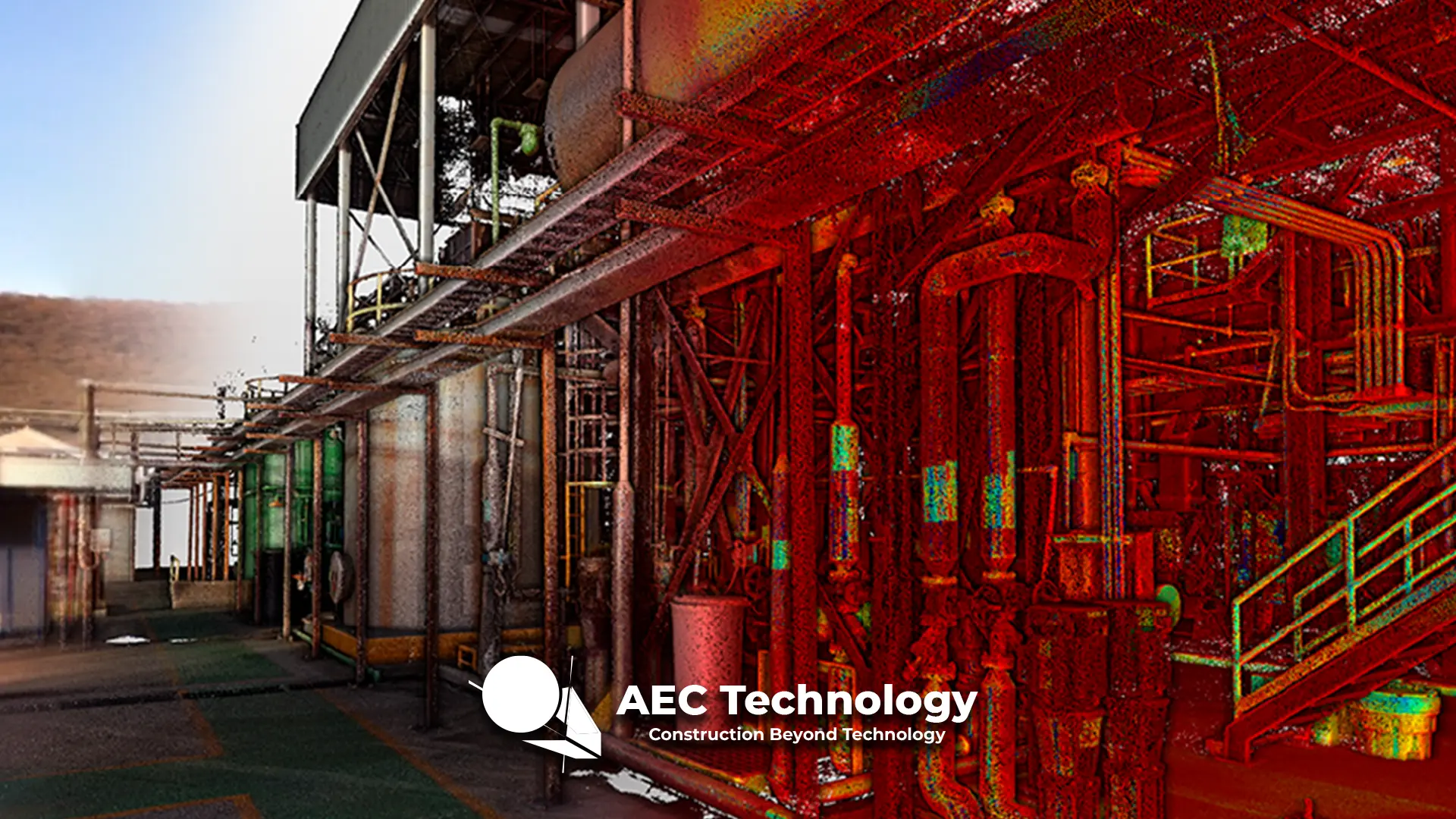 Imagen renderizada digitalmente de una instalación industrial, con una cara en color realista y la otra como datos de nube de puntos Escaneo Láser en rojo vibrante. El logotipo de AEC Technology y el eslogan Construction Beyond Technology aparecen en la parte inferior.