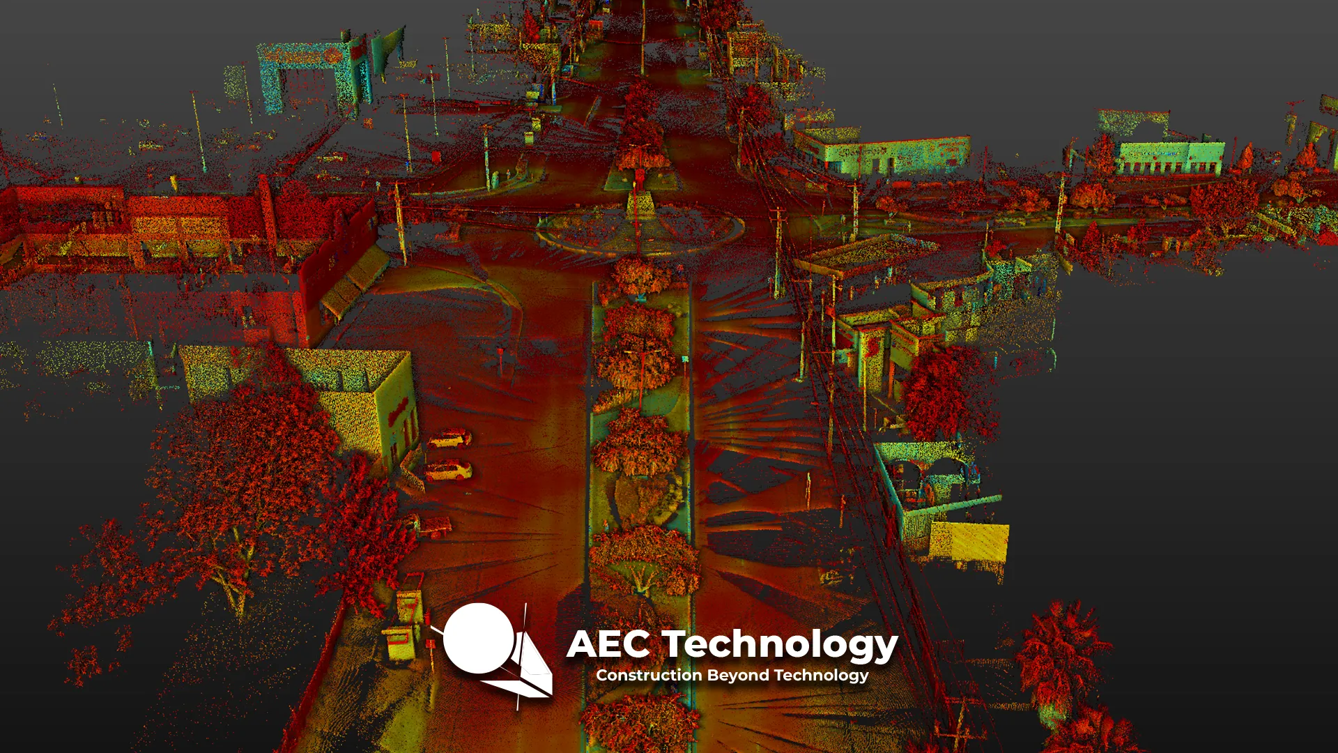 Un escaneo LiDAR en color de la Intersección Vial El Pípila muestra edificios urbanos, coches y árboles, superpuestos con el logotipo de AEC Technology y el eslogan Construction Beyond Technology en la parte inferior central.