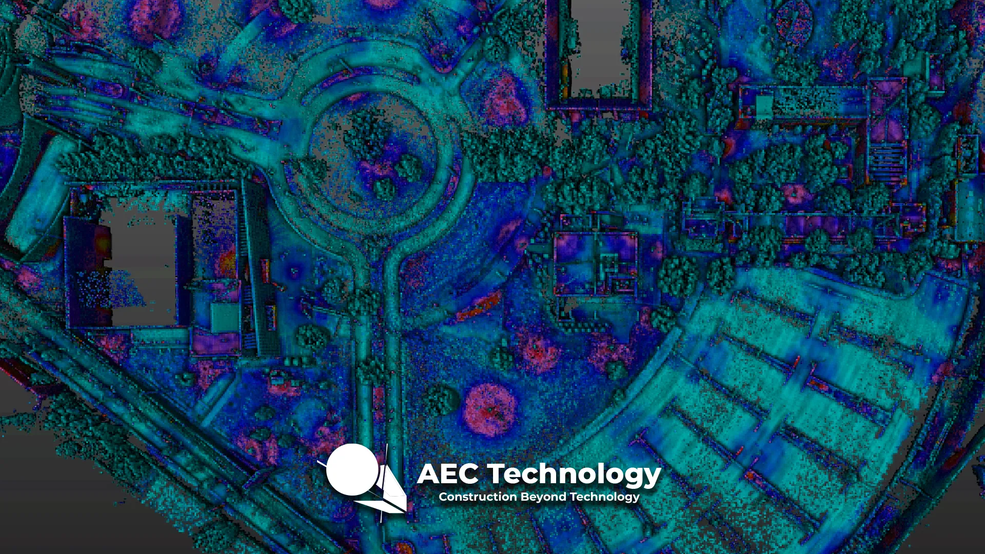 Una colorida vista aérea, estilo infrarrojo, de una glorieta cerca del Tecnológico de Monterrey en Pachuca, mostrando edificios circundantes con árboles. El logotipo "AEC Technology" y el eslogan "Construction Beyond Technology" aparecen en la parte inferior central.