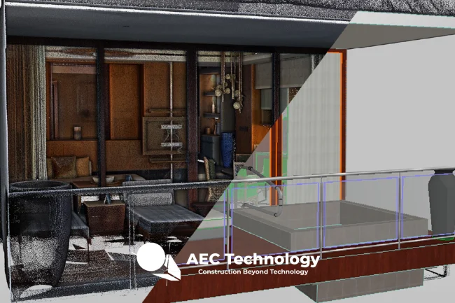 Nube de puntos muestra un salón moderno; la parte izquierda es detallada y realista, mientras que la derecha revela un modelo alámbrico. En la parte inferior aparecen el logotipo de AEC Technology, el texto Construction Beyond Technology y Escaneo Láser Vidanta.