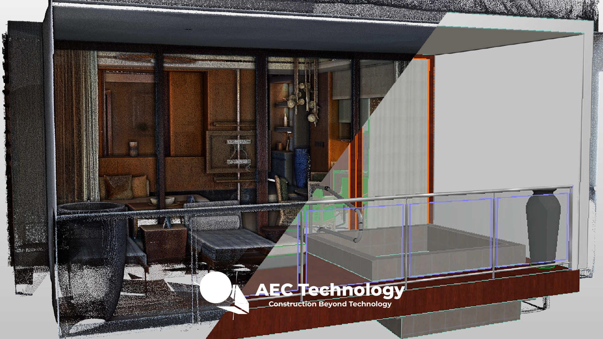 Nube de puntos muestra un salón moderno; la parte izquierda es detallada y realista, mientras que la derecha revela un modelo alámbrico. En la parte inferior aparecen el logotipo de AEC Technology, el texto Construction Beyond Technology y Escaneo Láser Vidanta.