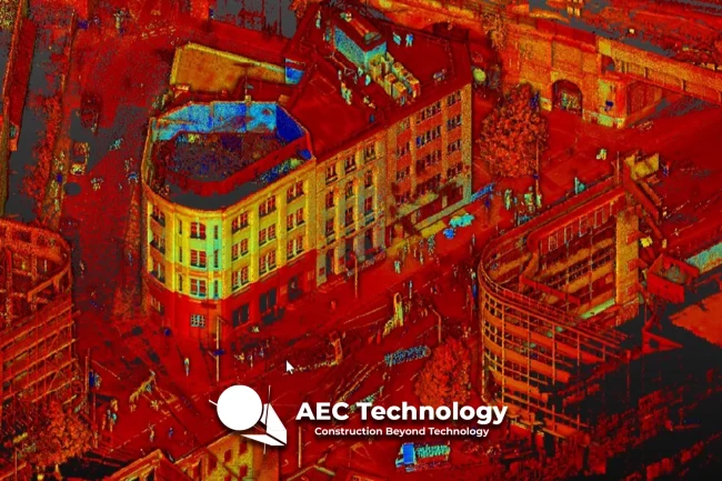 Colorido escaneado 3D de nubes de puntos de edificios urbanos, creado con escaneo láser, que muestra estructuras detalladas en vivos tonos rojos, amarillos, azules y naranjas. El logotipo y el eslogan de AEC Technology aparecen en la parte inferior central.
