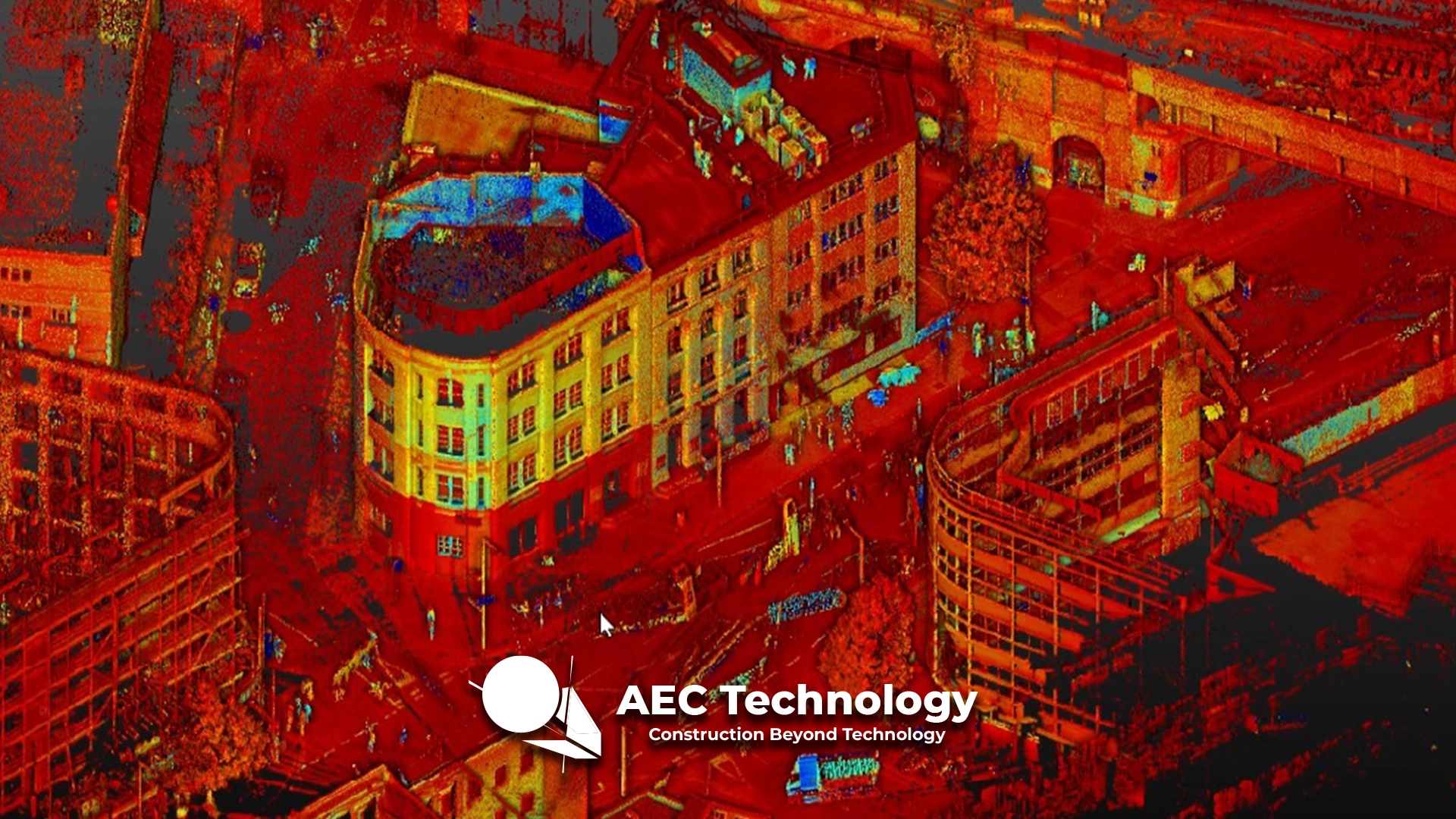 Colorido escaneado 3D de nubes de puntos de edificios urbanos, creado con escaneo láser, que muestra estructuras detalladas en vivos tonos rojos, amarillos, azules y naranjas. El logotipo y el eslogan de AEC Technology aparecen en la parte inferior central.